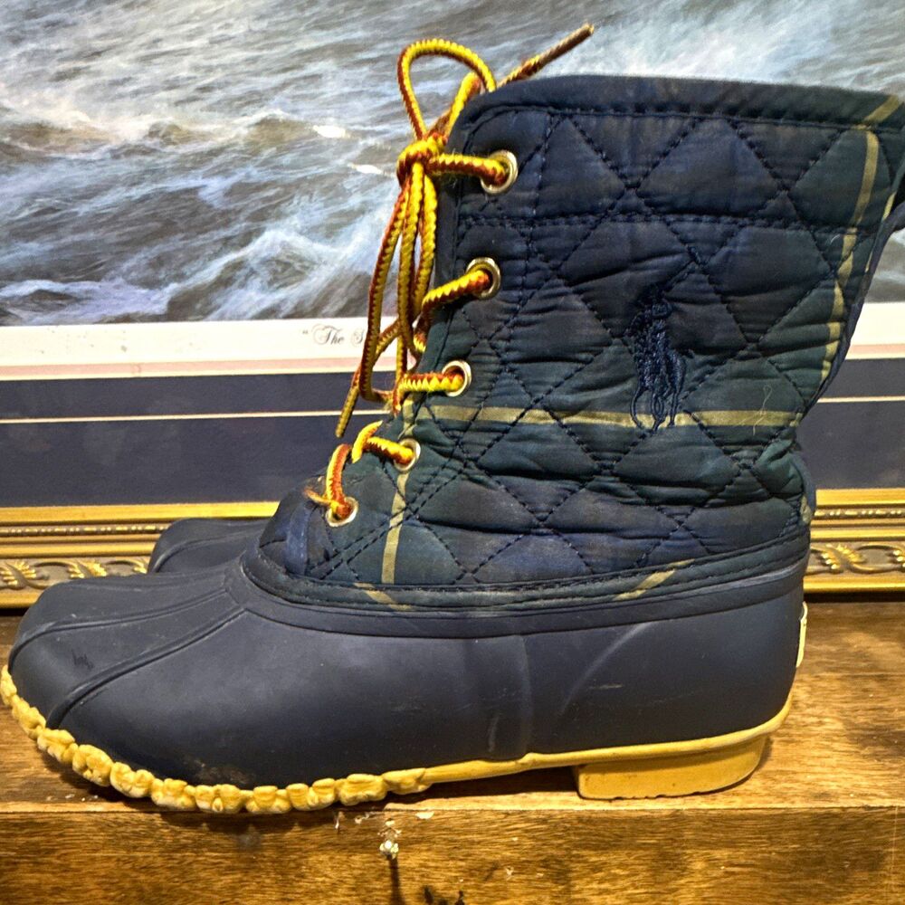 Polo Ralph Lauren Major Kids Duck Boots Navy Plaid Quilted Lace Up US 4 EU 35